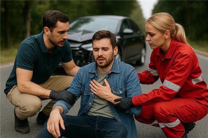 Schmerzensgeld nach Unfall Ein verletzter Mann sitzt auf der Straße, während zwei Personen Erste Hilfe leisten.