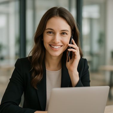 Kontaktaufnahme mit Kanzlei Höllbach Junge Frau im dunklen Blazer lächelt und spricht am Telefon vor einem Laptop.