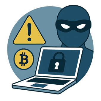Cybercrime Ein maskierter Hacker vor einem Laptop mit einem Schloss-Symbol und Warnzeichen.