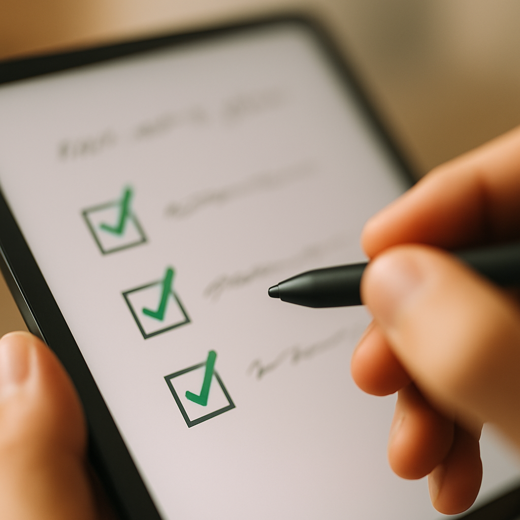 Checkliste Eine Hand hält einen Stylus und markiert Aufgaben auf einem digitalen Checkbox-Notizblatt.
