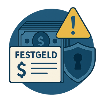 Festgeldbetrug Festgeldsymbol mit Geldscheinen, Warnzeichen und einem Sicherheitssymbol.