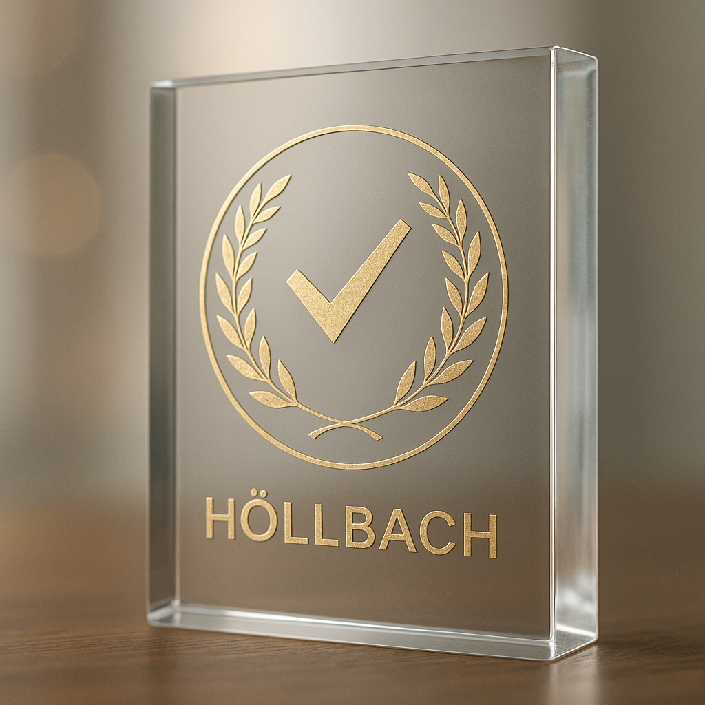 Auszeichnung Kanzlei HÖLLBACH Transparente Trophäe mit goldener Inschrift „HÖLLBACH“ und einem Häkchen-Emblem.
