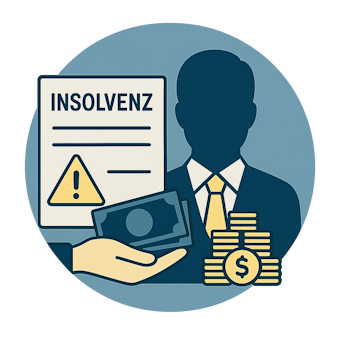 Insolvenzverfahren Silhouette eines Mannes mit Insolvenzdokument und Geldscheinen.