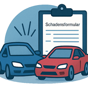 Unfallregulierung Zwei Autos prallen aufeinander, daneben ein Schadensformular auf einem Clipboard.