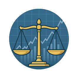 Kapitalanlagerecht Symbol einer Waage über einem Diagramm mit steigendem Chart.