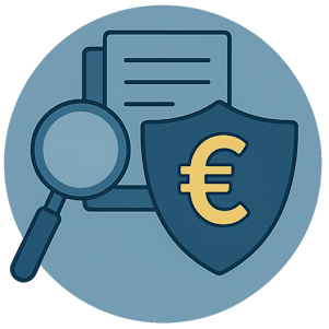 Datenschutzverstoß Lupe, Dokument und Sicherheitssymbol mit Euro-Zeichen.
