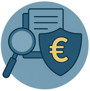 Datenschutzverstoß Lupe, Dokument und Sicherheitssymbol mit Euro-Zeichen.