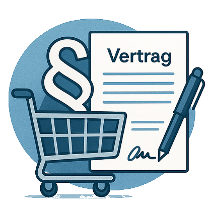 Verbraucherrecht Symbolischer Einkaufswagen mit Vertrag und Paragraphenzeichen neben einem Stift.