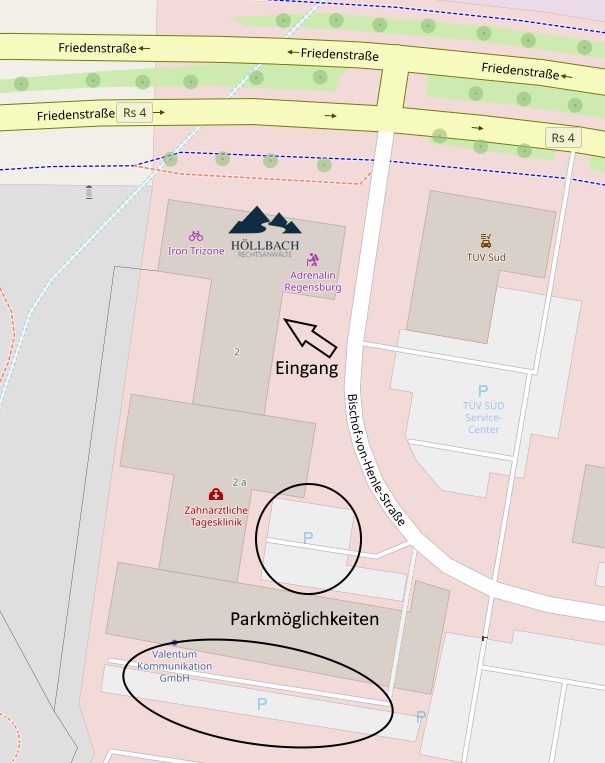 Karte mit Parkmöglichkeiten Karte mit Lageplan und Zufahrten zu kostenfreien Parkplätzten in der Nähe des Gebäudes.