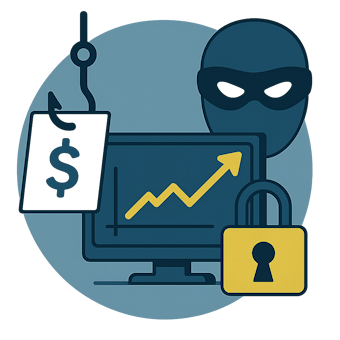 Online-Trading-Betrug Symbol für Cyberkriminalität: Computer mit steigendem Diagramm und Schloss unter einem Maskengesicht.