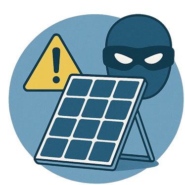 Solaranlagenbetrug Ein Gefahrensymbol neben einem Solarpanel und einer maskierten Figur.