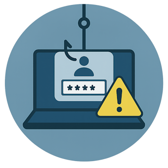 Phishing Computerbildschirm mit Phishing-Symbol und Warnzeichen.