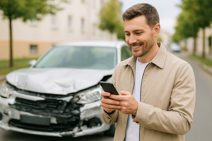 Unfall mit Leasingfahrzeug Mann mit Smartphone vor einem beschädigten Auto auf der Straße.