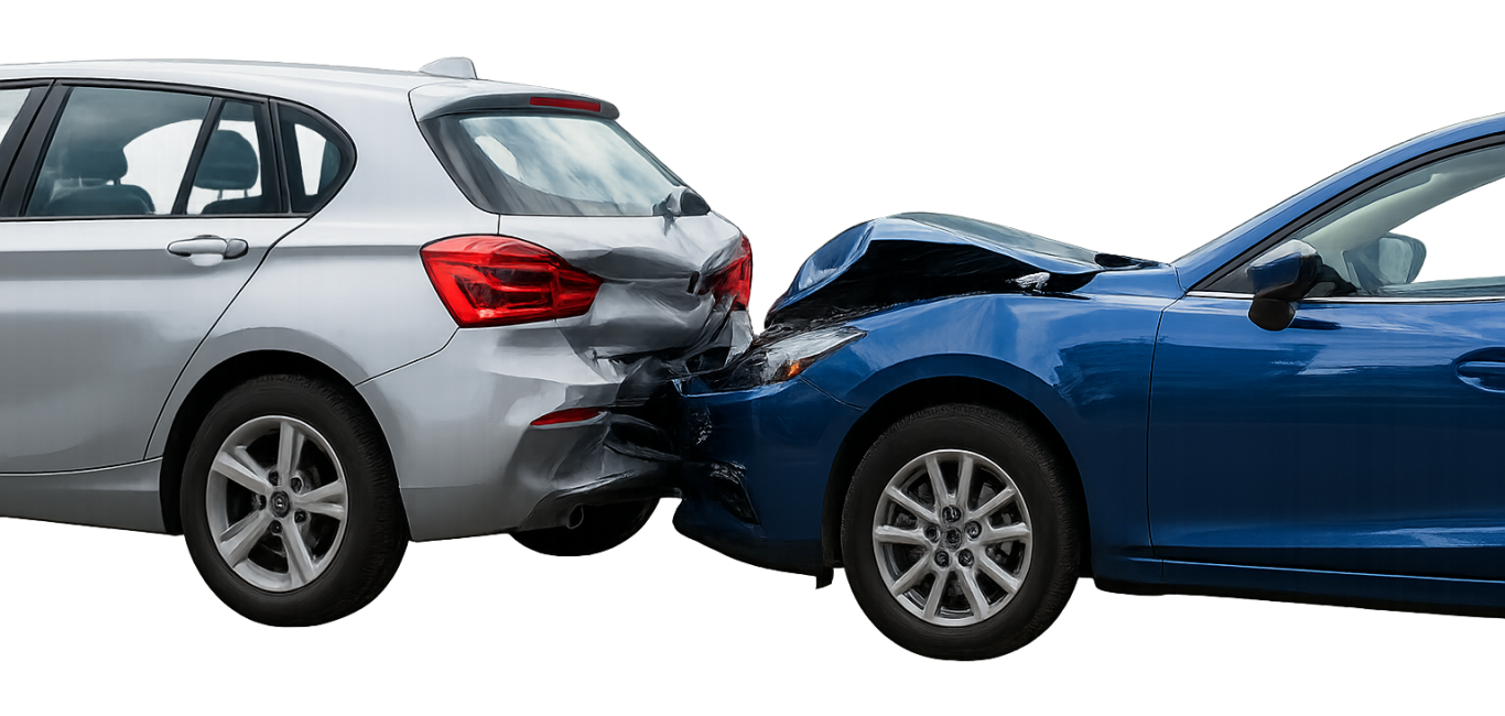 Verkehrsunfall? - HÖLLBACH Rechtsanwälte regeln das für Sie! Zwei Fahrzeuge nach einem Auffahrunfall, eines silber, das andere blau.